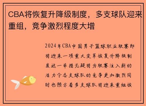 CBA将恢复升降级制度，多支球队迎来重组，竞争激烈程度大增